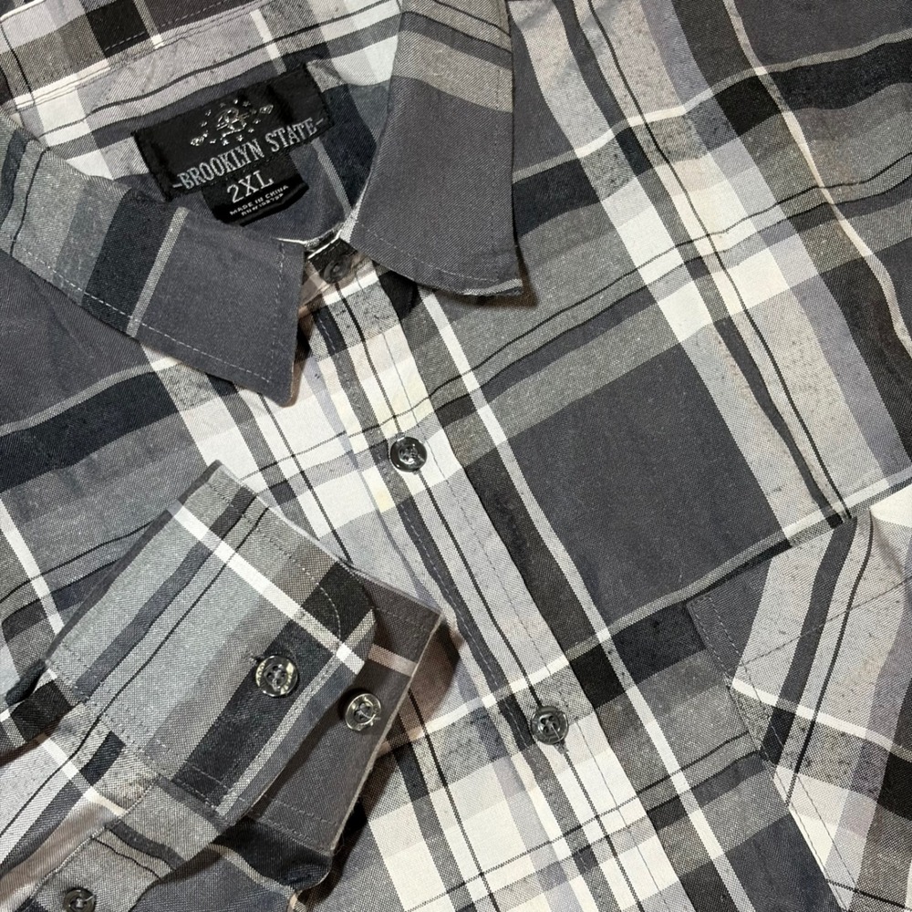Brooklyn State Button Up Shirt Mens 2XL Gray Black Plaid L/S Grunge Skater
Tough